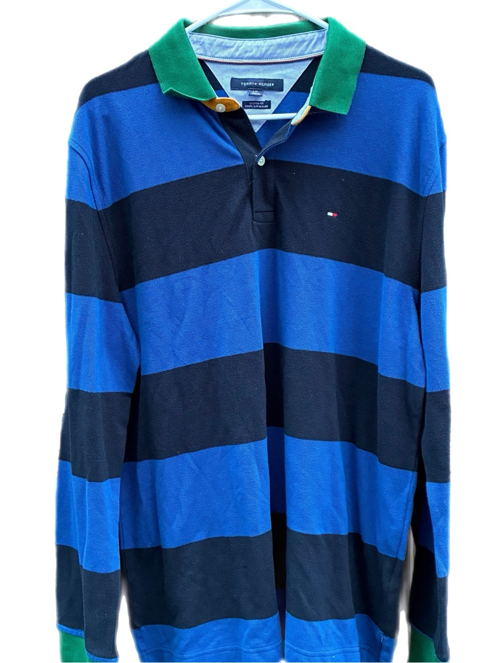 Tommy Hilfiger Green Collar Blue & Black Striped Rugby Polo